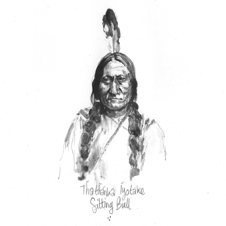 Fast Sitting Bull portrait on a square white paper. He's wearing thick fur packed braids on each side of the head and a tall feather on top, pointing toward the sky. He has a plain white shirt with a few stripes on the shoulders and two strings cross in front of his chest, one with pearls on it. His figure is strong, with a heavy jaw and a big nose.