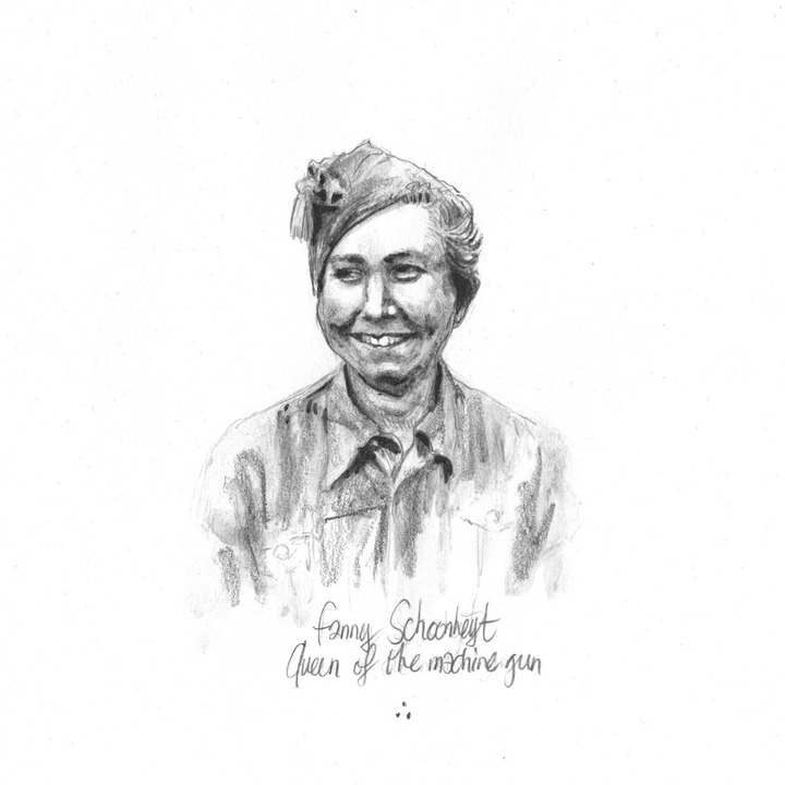 Fast Fanny Schoonheyt portrait on a square white paper. She is on her twenties on this depiction. She wears a military cap and a military shirt. She has blond hair attached on the back of her head. She smiles widely and look to her right.
