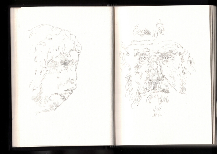 On the left a damaged male face from aside, the chin almost missing, giving it a strange aspect. The eye and the mouth strengthen this, having an intense presence. On the right, a bearded male head. He has a big nose, some wrinkles and a peculiar look in his eyes.
