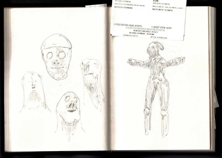 On the left page, four different faces with weird and somehow both funny and scary general look. They have distorted shapes and big eyes. On the right a single human shape standing, legs slightly opened, arms up in the air on both sides of the head. The latter has a sort of Alien shape, as if a long banana was protruding from behind in a downward arch. It's blackish.