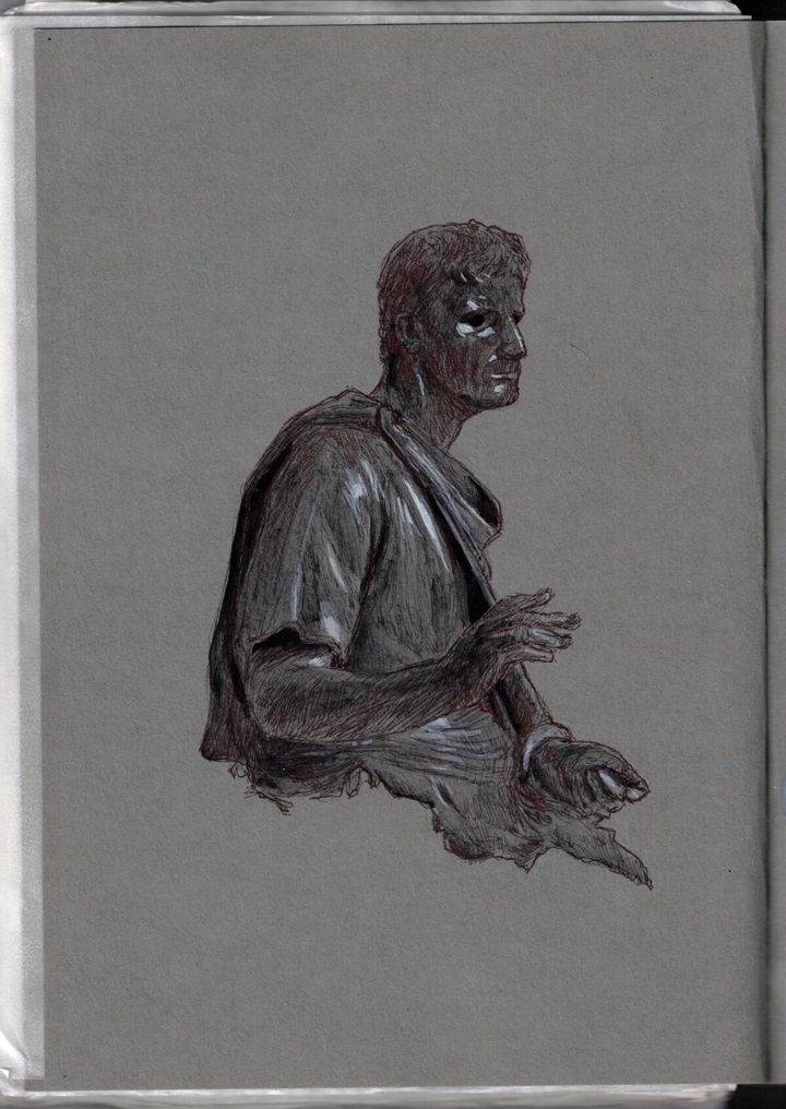 The sketch displays a man wearing a toge, the right hand sightly raised as if he was giving a speech. He looks severe and serious, and the statue is only done from the waiste up. lt has been sketched using black ball pen, black and white gouache on a grey paper sketchbook.