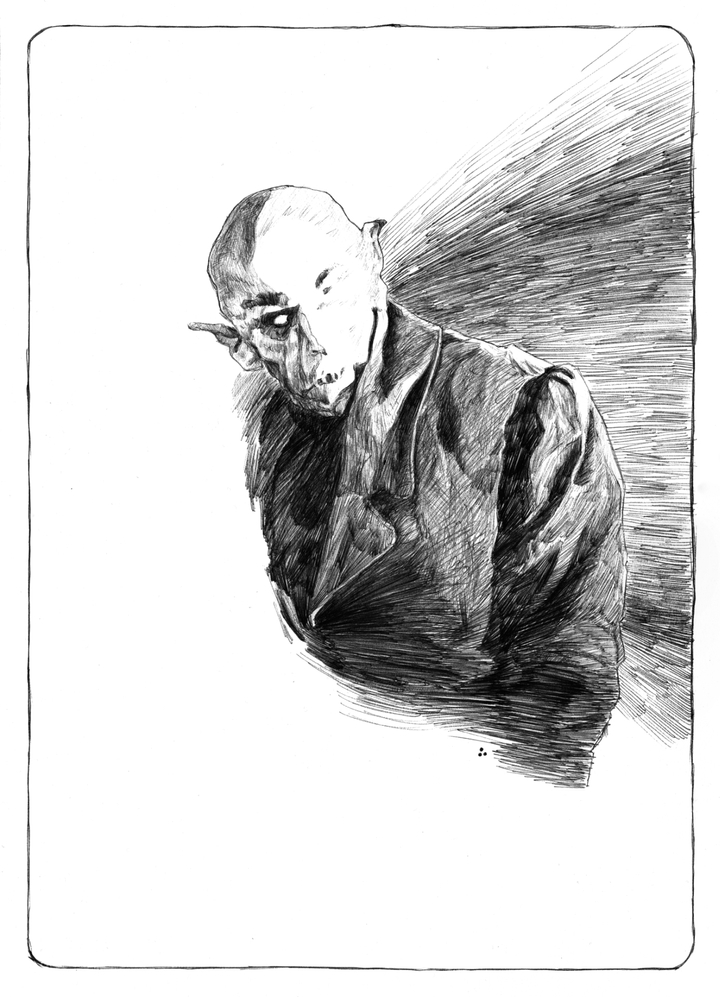 Murnau's Nosferatu. The vampire is cloaked in the shadows. He turns his head to the right, from where a bright light illuminates the right side of his face in an almost solid white. He's looking in that direction. The illustration is in black and white, using black ballpen.